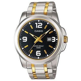 【CASIO 卡西歐】時尚日期顯示金銀不鏽鋼紳士腕錶-黑面(MTP-1314SG-1A)