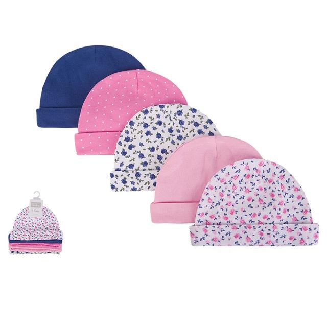 【Luvable Friends 甜蜜寶貝】100%純棉新生兒棉帽 保暖帽5件組_粉藍小花(LF52326)