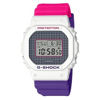 【CASIO 卡西歐】G-SHOCK 復古格紋方框撞色電子錶-白X桃紅X亮紫(DW-5600THB-7)