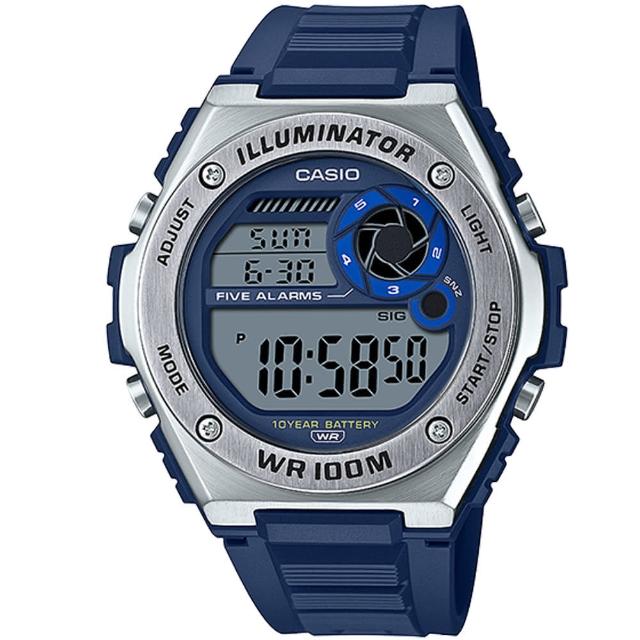 【CASIO 卡西歐】重工業風金屬錶圈電子錶-藍X銀框(MWD-100H-2A)