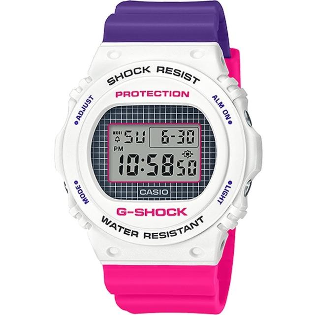 【CASIO 卡西歐】G-SHOCK 復古格紋圓框撞色電子錶-白X桃紅X亮紫(DW-5700THB-7)