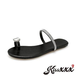 【KissXXX】簡約一字鑽帶寶石趾環造型平底拖鞋(黑)