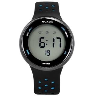 【JAGA 捷卡】電子運動 倒數計時 計時碼錶 鬧鈴 防水100米 透氣矽膠手錶 黑藍色 43mm(M1185-AE)