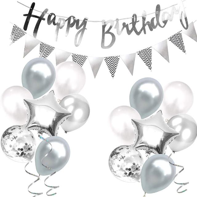 太空銀色系生日快樂套組1組(生日氣球 生日佈置 生日派對 派對氣球 氣球 鋁模氣球)