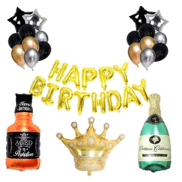 威士忌香檳金色系生日快樂套組1組(生日氣球 生日佈置 生日派對 派對氣球 氣球 鋁模氣球)
