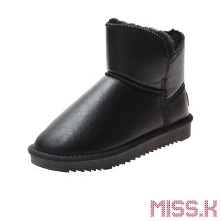 【MISS.K】防潑水皮革面料暖暖毛絨厚底短筒雪靴(黑)