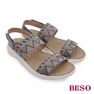 【A.S.O 阿瘦集團】BESO時尚流行 熱情仲夏幾何排鑽鬆緊帶平底涼鞋(灰)