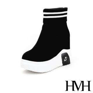 【HMH】厚底短靴 內增高短靴/運動風飛織襪套造型內增高厚底休閒短靴(D款白條紋)