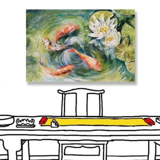 【24mama 掛畫】單聯式 油畫布 魚 池塘 荷葉 花朵 蜻蜓 植物 無框畫-60x40cm(鯉魚、荷花)