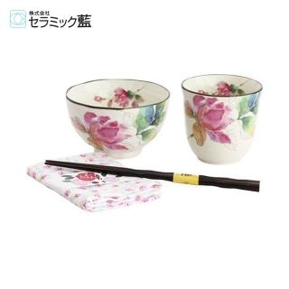 【陶瓷藍】日本瓷器玫瑰之香飯碗茶杯筷子組 附手帕(日本製 日本原裝進口瓷器)
