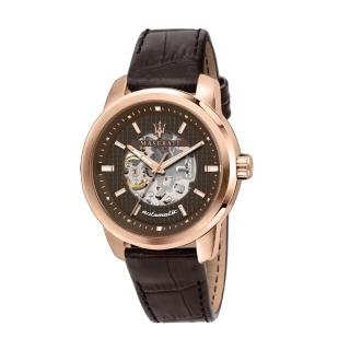 【MASERATI 瑪莎拉蒂】SUCCESSO鏤空玫瑰金咖啡色皮帶機械腕錶44mm(R8821121001)