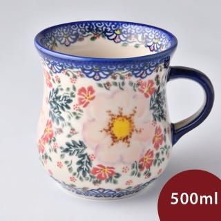 【波蘭陶】Vena 曲線馬克杯 寬口杯 水杯 茶杯 咖啡杯 500ml 波蘭手工製(映雪紅梅系列)