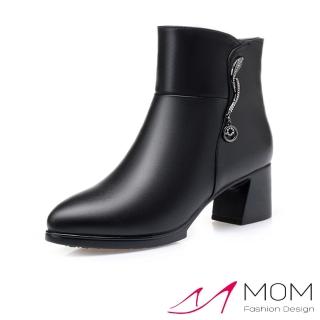 【MOM】真皮短靴 粗跟短靴/真皮細緻牛皮典雅水鑽墜飾造型粗跟短靴(黑)