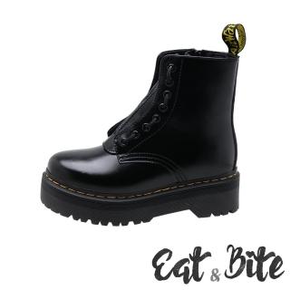 【E&B】時尚八孔綁帶前拉鍊造型厚底粗跟個性馬丁靴(黑)