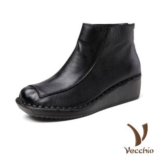 【Vecchio】真皮短靴 坡跟短靴/真皮頭層牛皮復古經典手工縫線素面造型厚底坡跟短靴(黑)