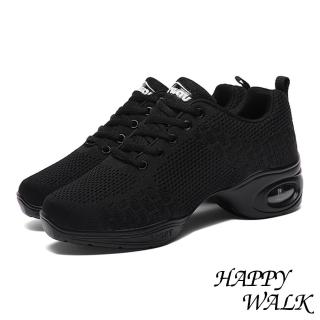 【HAPPY WALK】縷空撞色個性拼接飛織軟底氣墊運動鞋(黑)