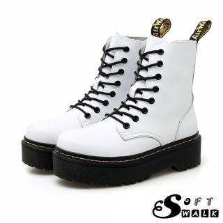 【SOFT WALK 舒步】時尚復古鬆糕厚底八孔帥氣馬丁靴(白)