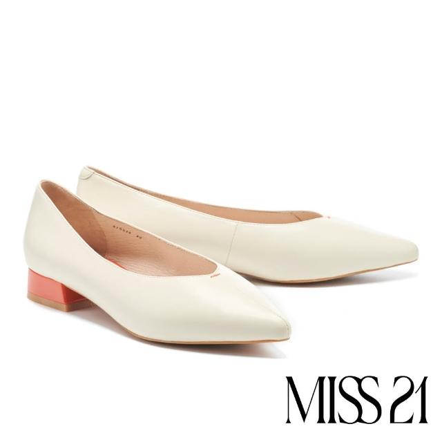 【MISS 21】極簡主義素面羊皮尖頭粗低跟鞋(米白)