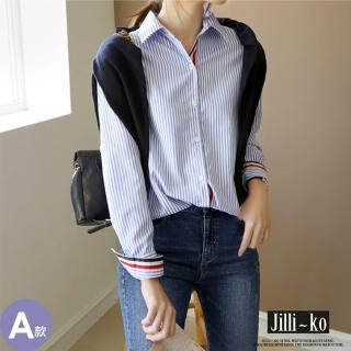 【JILLI-KO】春季配色織帶翻袖條紋襯衫-L/XL(多款任選)