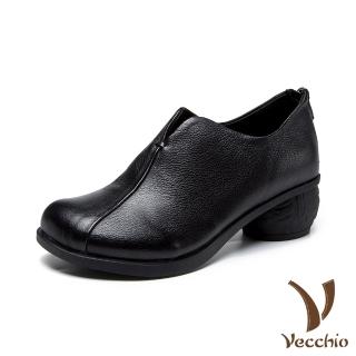 【Vecchio】真皮粗跟鞋 V口粗跟鞋/真皮頭層牛皮復古深口百搭粗跟鞋(黑)