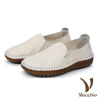【Vecchio】真皮頭層牛皮復古手工縫線舒適軟底樂福鞋(白)