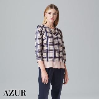 【AZUR】都會風圓領格紋多層次上衣-2色