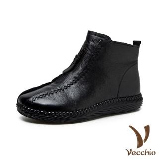 【Vecchio】真皮短靴 厚底短靴/真皮頭層牛皮保暖機能復古手工縫線拉鍊造型厚底短靴(黑)
