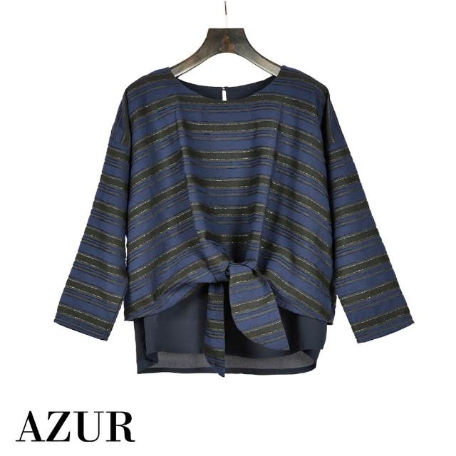 【AZUR】都會風下擺綁帶多層次上衣-藍底印花