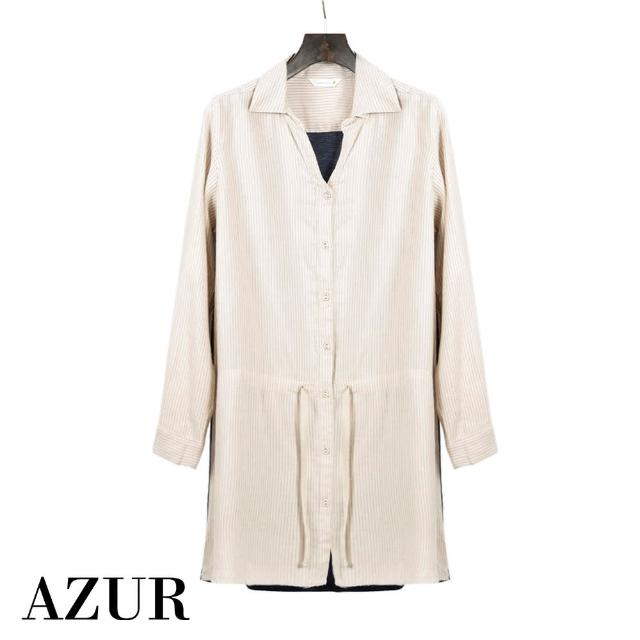 【AZUR】上衣休閒風格有領拼接造型上衣-茶底格條紋