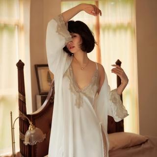 【BoBo 女人香】刺繡花邊絲綢長袖綁帶睡袍浴袍居家服-4件式(雪白)