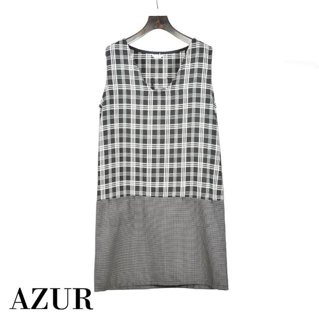 【AZUR】休閒格紋拼接口袋無袖連身裙
