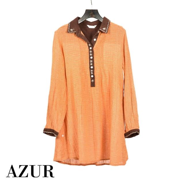 【AZUR】英式鄉村風細格紋襯衫-橘