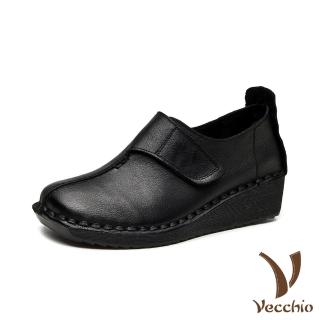 【Vecchio】真皮頭層牛皮復古魔鬼粘拼接造型舒適坡跟休閒鞋(黑)