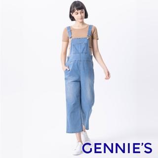 【Gennies 奇妮】率性刷色牛仔吊帶褲-藍(孕婦褲 牛仔褲 連身褲 寬褲 寬版 鬆緊帶 雙口袋)