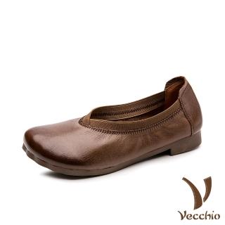 【Vecchio】真皮頭層牛皮舒適寬楦軟底淺口低跟便鞋(棕)