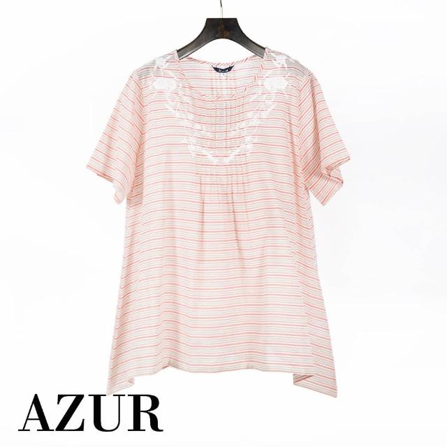 【AZUR】氣質雕花造型條紋上衣-2色