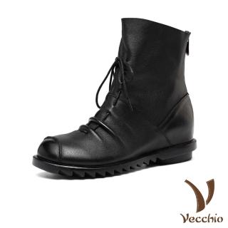【Vecchio】真皮短靴 內增高短靴 低跟短靴/全真皮頭層牛皮抽繩綁帶造型軟底舒適內增高低跟短靴(黑)