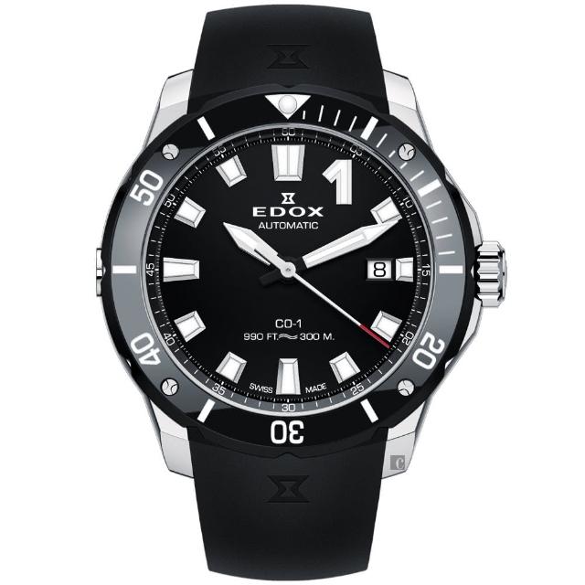 【EDOX 伊度】快艇潛將 300米潛水機械錶-黑/42mm(E80119.3N.NIN)