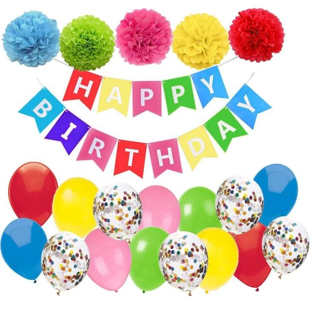 【WIDE VIEW】多彩紙花球生日氣球套組(附打氣筒 生日氣球 生日佈置 生日派對 派對氣球/BL-12)