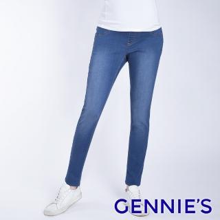 【Gennies 奇妮】彈力刷色牛仔褲-淺藍(孕婦褲 窄管 後雙口袋 一體成型 無痕褲頭)