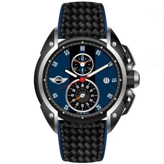 【MINI SWISS WATCHES】石英錶 45mm 藍底黑條兩眼計時 黑色真皮錶帶(黑色)