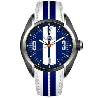 【MINI SWISS WATCHES】石英錶 38mm 藍底白條錶面 藍白真皮錶帶(藍白)
