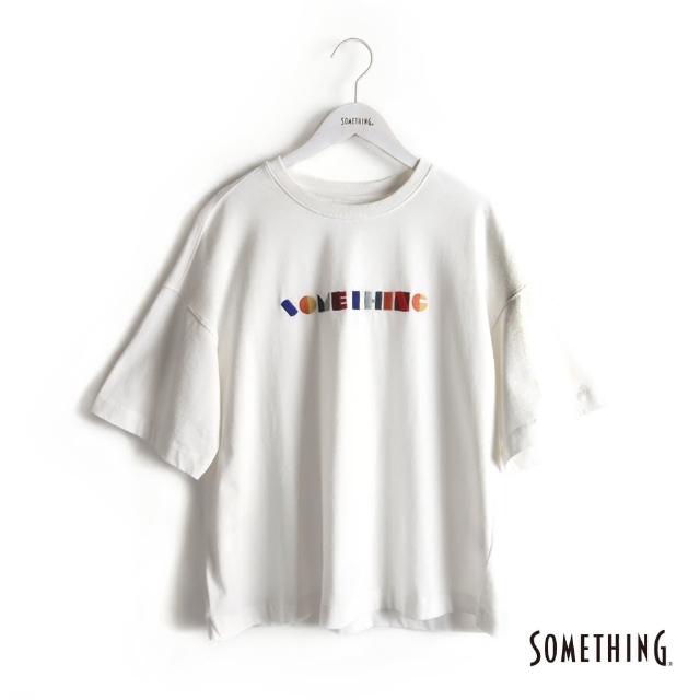 【SOMETHING】女裝 彩色繡花logo寬版短袖T恤(米白色)