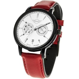 【MINI SWISS WATCHES】石英錶 43.5mm 白色二眼錶面 紅色皮錶帶(紅色)