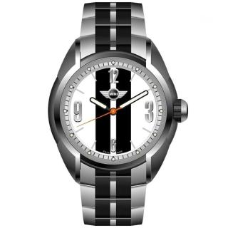 【MINI SWISS WATCHES】石英錶 38mm 白底黑條錶面 黑銀不銹鋼錶帶(銀色)