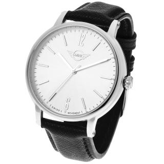 【MINI SWISS WATCHES】石英錶 43.5mm 白錶面 黑色皮錶帶(黑色)