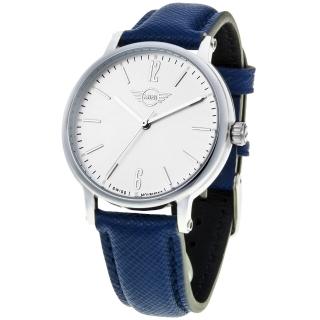 【MINI SWISS WATCHES】石英錶 38.5mm 白錶面 海軍藍皮錶帶(藍色)