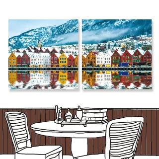 【24mama 掛畫】二聯式 油畫布 冬天 下雪 建築 挪威 無框畫-30x30cm(卑爾根)