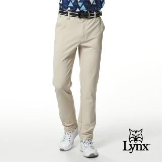 【Lynx Golf】男款彈性舒適斜邊剪接設計素面窄管平口休閒長褲(卡其色)