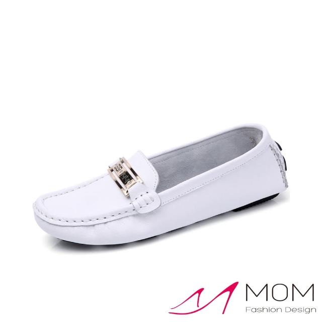 【MOM】真皮休閒鞋/真皮美鑽金屬釦飾超軟Q防滑休閒鞋(白)